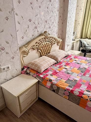 двухспалки: Спальный гарнитур, Б/у, Двуспальная кровать, Шкаф, Трюмо, Самовывоз, цвет - Бежевый — 1