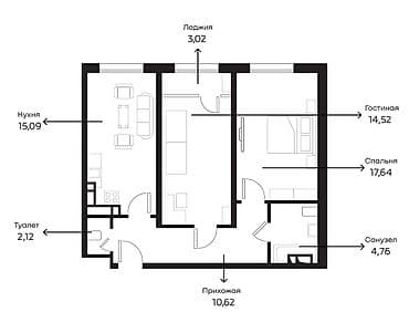 2 комнаты, 67 м², 9 этаж