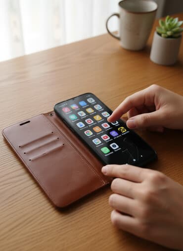 Смартфон черного цвета с сенсорным экраном, отображающим иконки