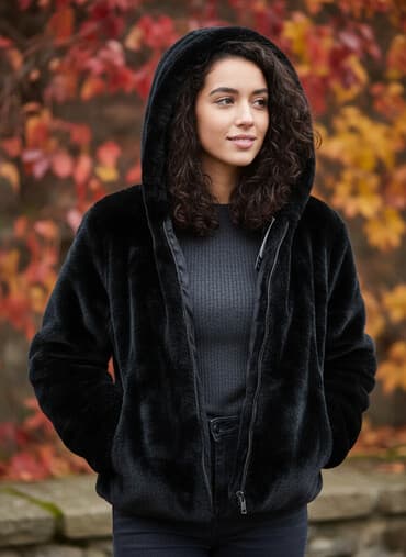 купить пластиковый чемодан на колесах: Женская шубка-куртка из искусственного меха с капюшоном, размер 52 - — 1