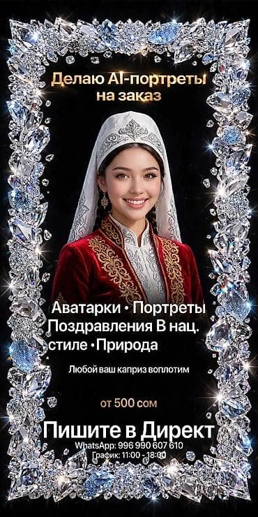 Индивидуальные AI‑портреты на заказ. Что делаю: - Аватарки для at lalafo.kg Индивидуальные AI‑портреты на заказ. Что делаю: - Аватарки для