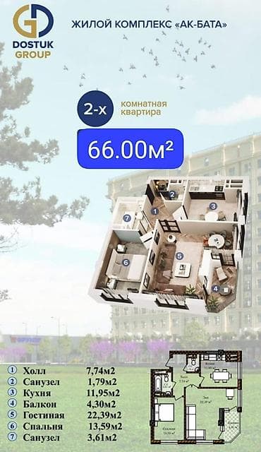 продаю квартиру 23000: 2 комнаты, 66 м², Элитка, 12 этаж, Готовая ПСО (под самоотделку) — 1