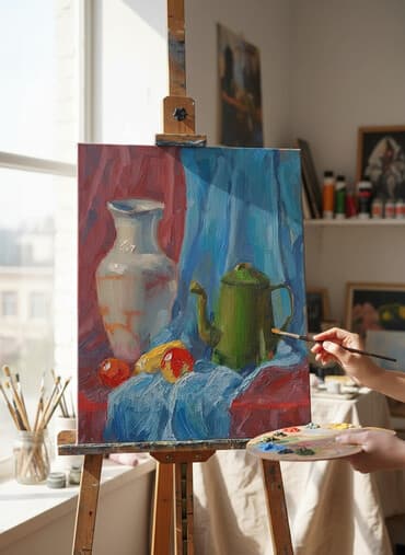 картины натюрморт: Картина маслом «Натюрморт с кувшином и чайником» - Техника: масло на — 1