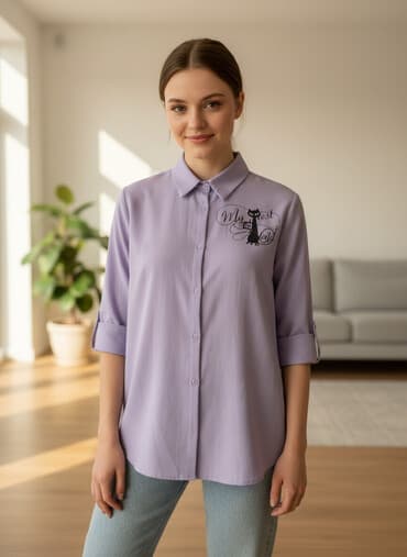 брендовая женская одежда: Лавандовая женская рубашка с принтом. - Цвет: нежно‑сиреневый — 1