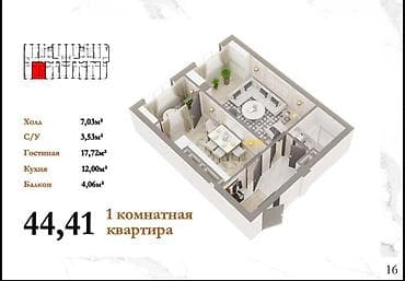1 комната, 44 м², Джал мкр (в т.ч. Верхний, Нижний, Средний) Элитка, 5 этаж, ПСО (под самоотделку) — 3