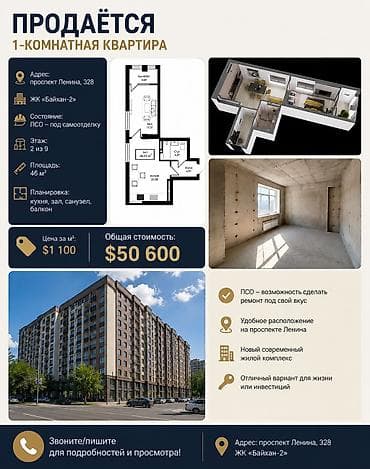 1 комната, 46 м², Аламедин-1 мкр Элитка, 2 этаж, ПСО (под самоотделку) — 1