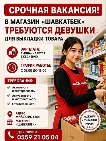 подработка бишкеке: Срочная вакансия: выкладчик товара в магазине «Шавкатбек». Что — 1
