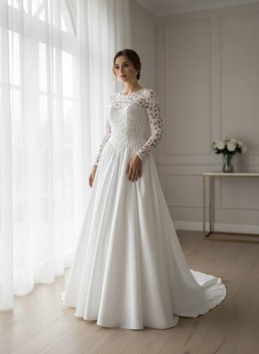 Свадебное платье, Пышная модель, цвет - Белый, Рукава: Кружевные, Со шлейфом