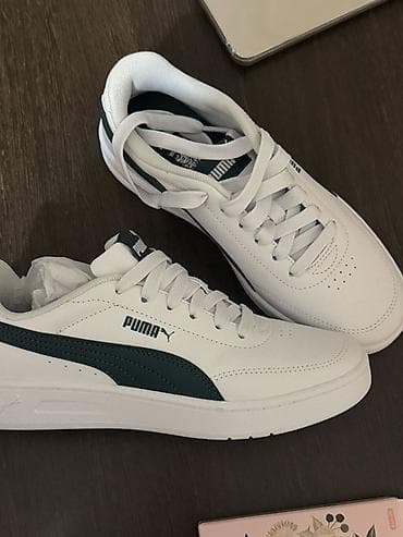 puma 36: Кроссовки PUMA белые с темно-зелёной фирменной полосой Formstrip — 1