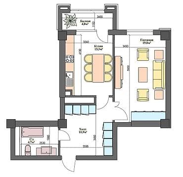 1 комната, 53 м², Элитка, 3 этаж, Готовая ПСО (под самоотделку)