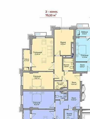 2 комнаты, 75 м², Асанбай мкр Элитка, 5 этаж, ПСО (под самоотделку) — 1