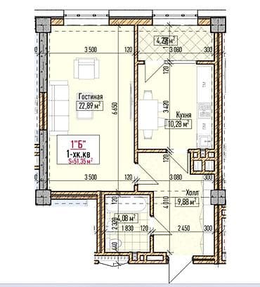 64: 2 комнаты, 51 м², Асанбай мкр Элитка, 10 этаж, ПСО (под самоотделку) — 2