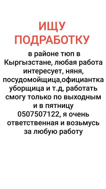 Ищу подработку в районе Тюп (Кыргызстан). Интересуют любые варианты