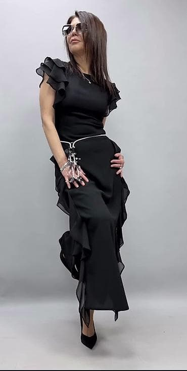 Пляж үчүн кийимдер: Кече көйнөгү, Коктейл, Узун модель, Шифон, Жеңдери менен, L — 3