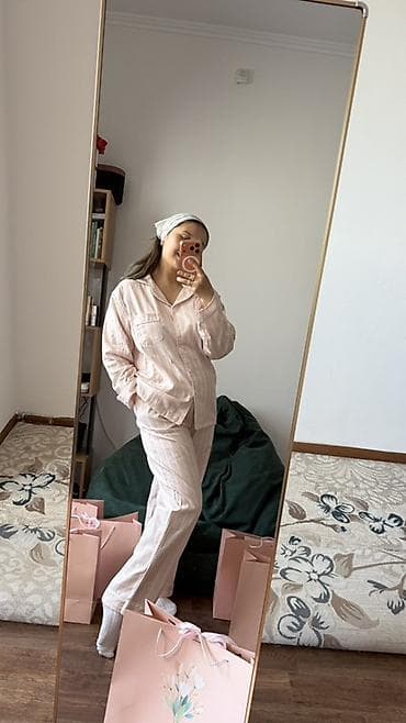 женские пижамы для сна: Пижама, Хлопок, Китай, В полоску, На пуговицах, S, M, L — 8