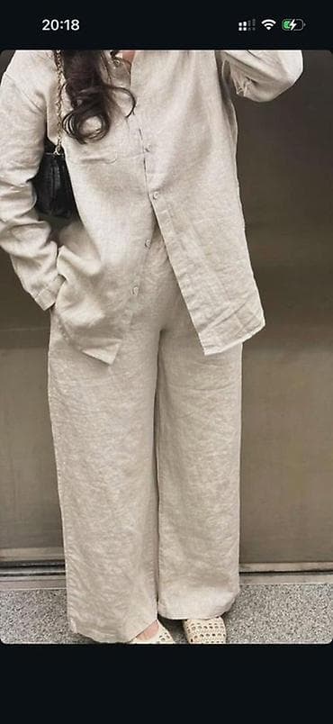 льняная рубашка женская: Льняной женский комплект в нейтральном светло-бежевом оттенке. Состав — 1