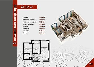 variant kg: 3 комнаты, 61 м², Элитка, 5 этаж, Готовая ПСО (под самоотделку) — 1