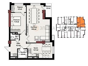 Продажа квартир: 2 комнаты, 74 м², Элитка, 14 этаж, Готовая ПСО (под самоотделку) — 9