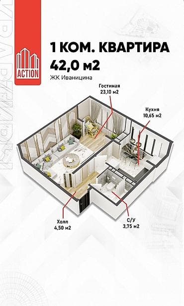 act: 1 комната, 42 м², 3 этаж, Свежий ремонт — 2