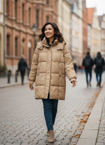 купить женский пуховик большого размера: Пуховик, По колено, С капюшоном, M — 1