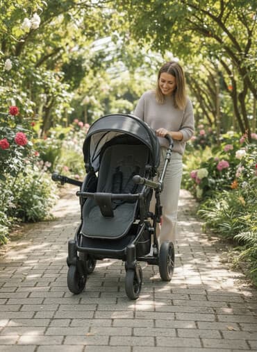 детские вещи новые: Коляска, цвет - Черный, Б/у — 1