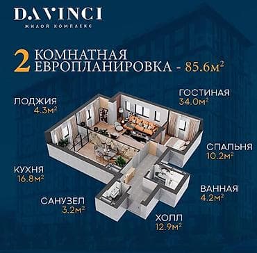 2 комнаты, 85 м², Элитка, 4 этаж, Готовая ПСО (под самоотделку)