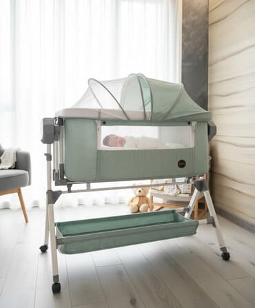 детское кресло качалка graco: Детская приставная кроватка, С колесиками, цвет - Зеленый — 1