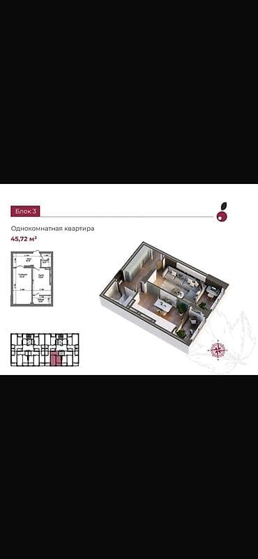 готовые квартиры от застройщика бишкек: Строится, Индивидуалка, 1 комната, 46 м² — 7