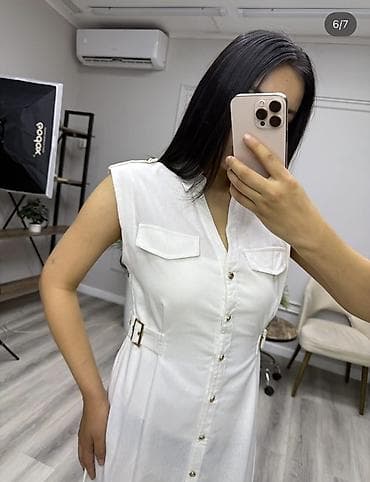 одежда для больших: Повседневное платье, Корея, Лето, Длинная модель, Лен, Платье-рубашка, Стандарт — 2