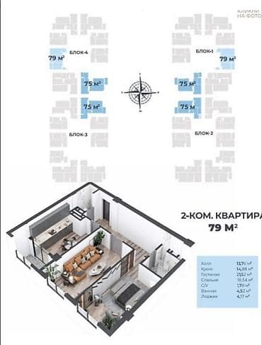 Продажа квартир: 2 комнаты, 79 м², Элитка, 17 этаж, Готовая ПСО (под самоотделку) — 2