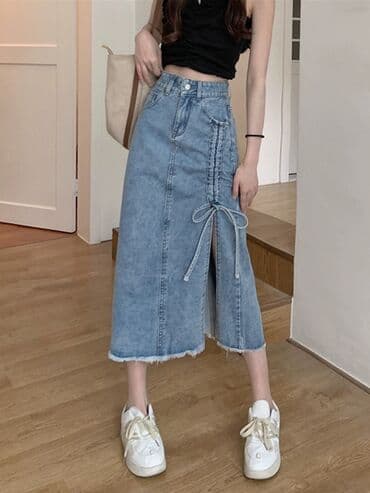 теннисный юбка: Юбка, Макси, Джинс, Высокая талия, С вырезом — 3