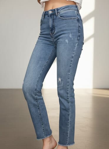 женские джинсовые шорты с завышенной талией: Джинсы, Прямые, Высокая талия, Стрейч, S — 1