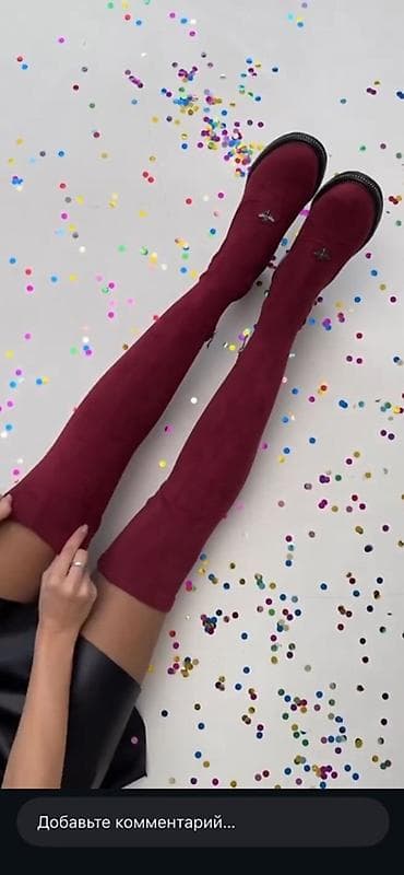 Угги: Бордовые ботфорты-носки выше колена. - Материал верха: мягкий — 1