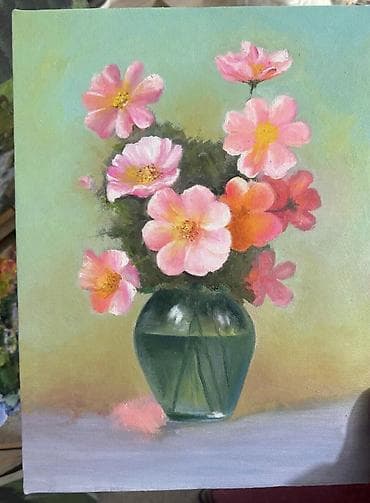 4 pot: Картины маслом на холсте: нежные цветочные натюрморты. - Цена на одну — 2