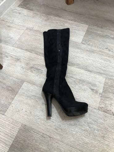 сапоги лакированные на высоких каблуках: Женские сапоги ботфорты . Замша . Цвет чёрный . Состояние отличное — 2