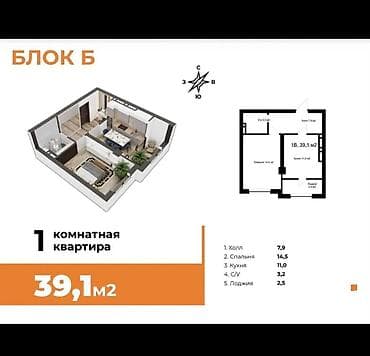 Квартиры: 1 комната, 40 м², Элитка, Аламедин-1 мкр Элитка, 6 этаж, ПСО (под самоотделку) — 2