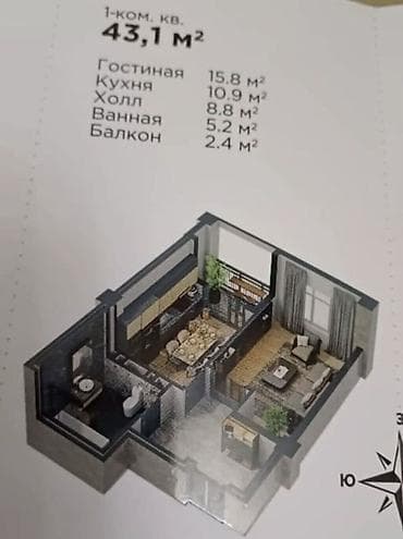 sky grand: 1 комната, 43 м², Элитка, 4 этаж, Готовая ПСО (под самоотделку) — 2