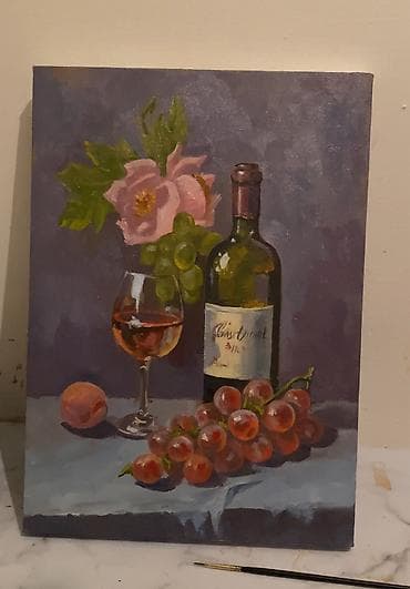 Живописная картина «Натюрморт с вином и виноградом». Размер (25:35)