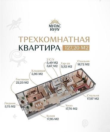 3 комнаты, 127 м², Орто-Сай с. Элитка, 6 этаж, ПСО (под самоотделку) — 2
