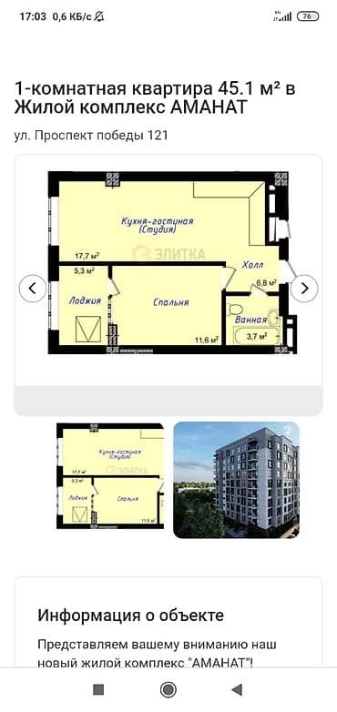 быстроток: 1 комната, 45 м², Аламединский рынок / базар Элитка, 4 этаж, ПСО (под самоотделку) — 2