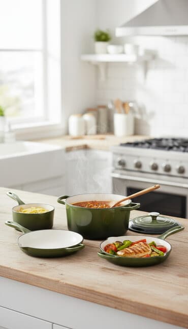 чугунная печь: Чугунный набор посуды 5 в 1 Aidema, цвет оливковый зелёный с кремовой — 1