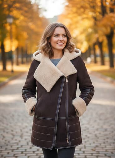 женская рубашка с высоким воротником: Дубленка, Короткая модель, С капюшоном, S — 2