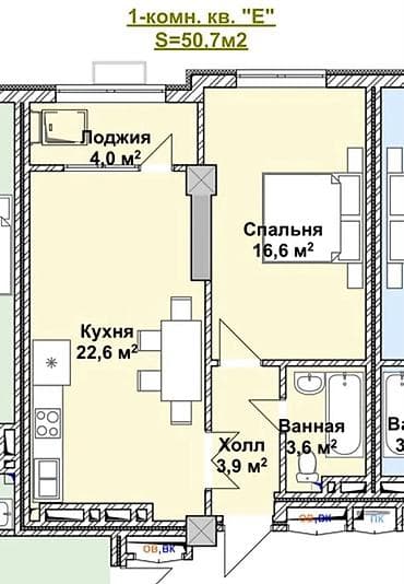 1 комната, 50 м², Элитка, 7 этаж, Готовая ПСО (под самоотделку)