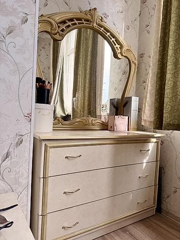 двухспалки: Спальный гарнитур, Б/у, Двуспальная кровать, Шкаф, Трюмо, Самовывоз, цвет - Бежевый — 3