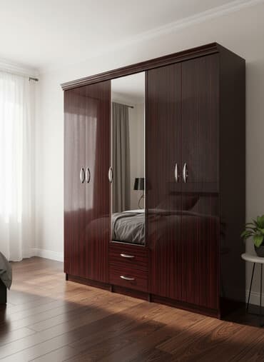 горка для зал: Шкаф-купе с глянцевыми фасадами под тёмное дерево и центральным — 1