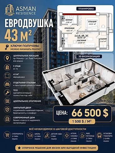 Недвижимость: 2 комнаты, 43 м², Манаса/Боконбаева Элитка, 9 этаж, ПСО (под самоотделку) — 1