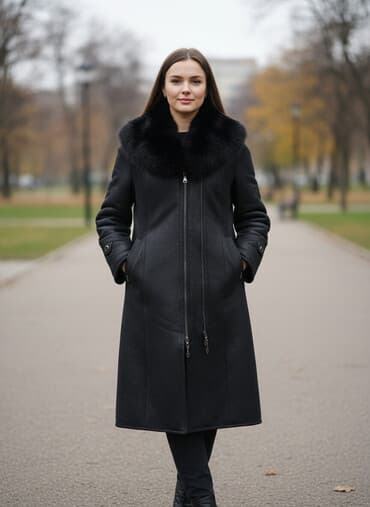 Длинная женская дублёнка черного цвета с объёмным меховым воротником