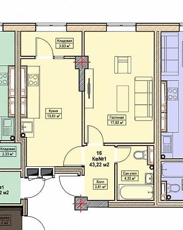 Квартиры: 1 комната, 43 м², Асанбай мкр Элитка, 10 этаж, ПСО (под самоотделку) — 1