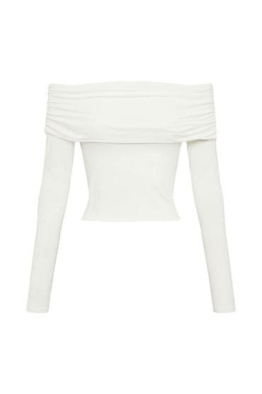 майка для живота: Кроп-топ с открытыми плечами и длинными рукавами - Модель: облегающий — 1