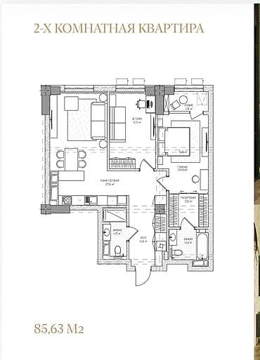 2 комнаты, 86 м², Асанбай мкр Элитка, 5 этаж, ПСО (под самоотделку) — 1